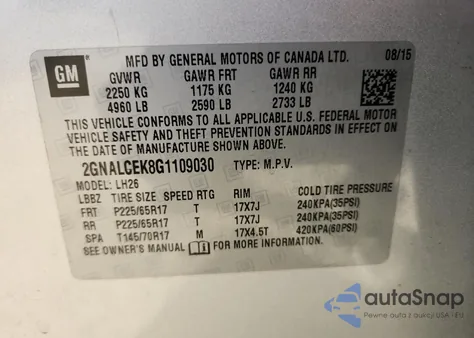 2016 Chevrolet Equinox Lt from USA, damaged, VIN 2GNALCEK8G1109030